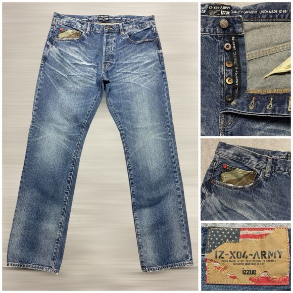 IZZUE IZ-X04-ARMY Frayed Edges Men’s Buttonfly Slim Fit  Jeans Size 36x31 - Picture 1 of 14